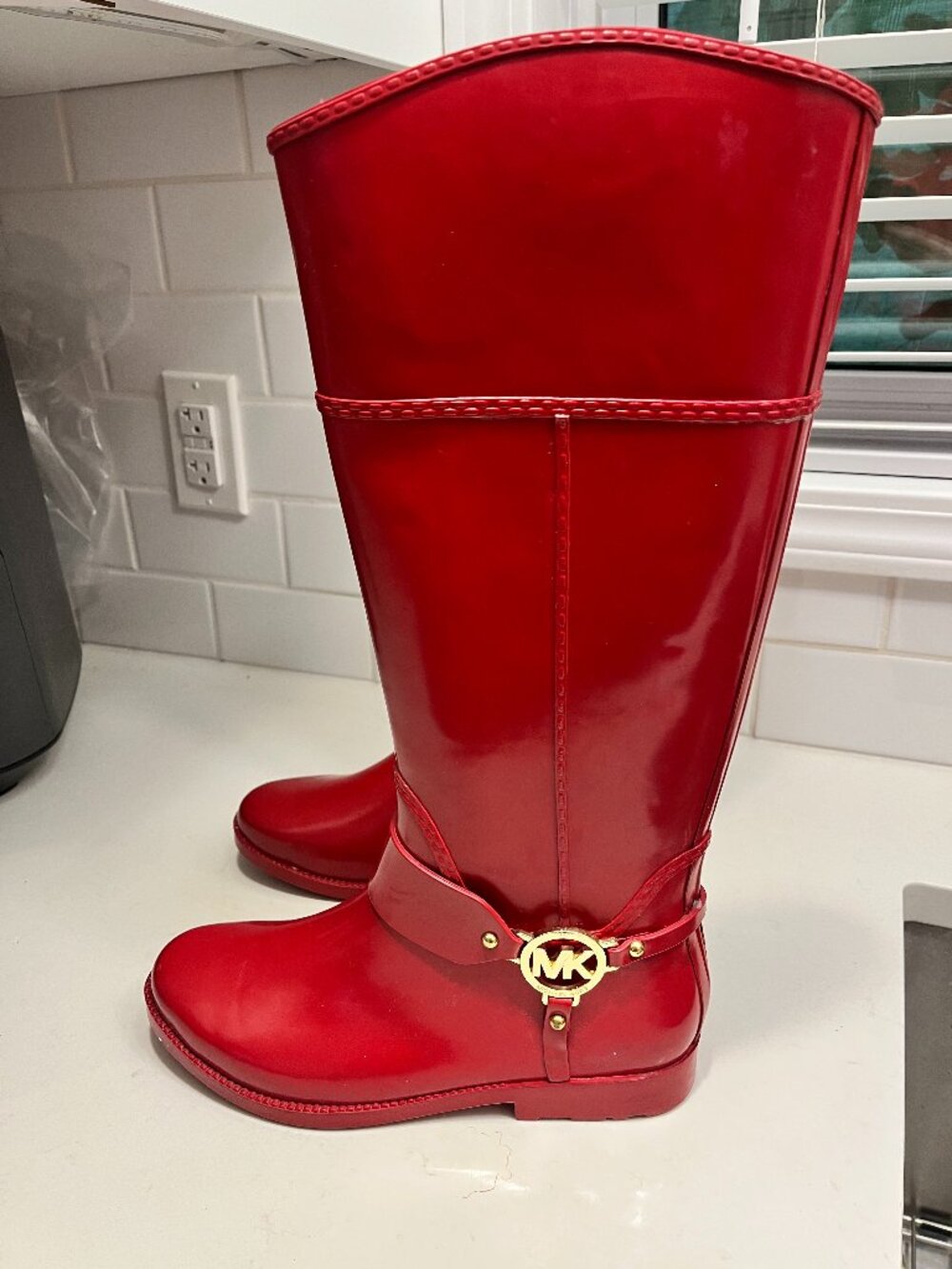 Michael Kors Red Rubber Tall Boots Golden Hard Ware Size 8